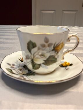 Royal Grafton White and Yellow Floral Bone China Teacup & Saucer Set